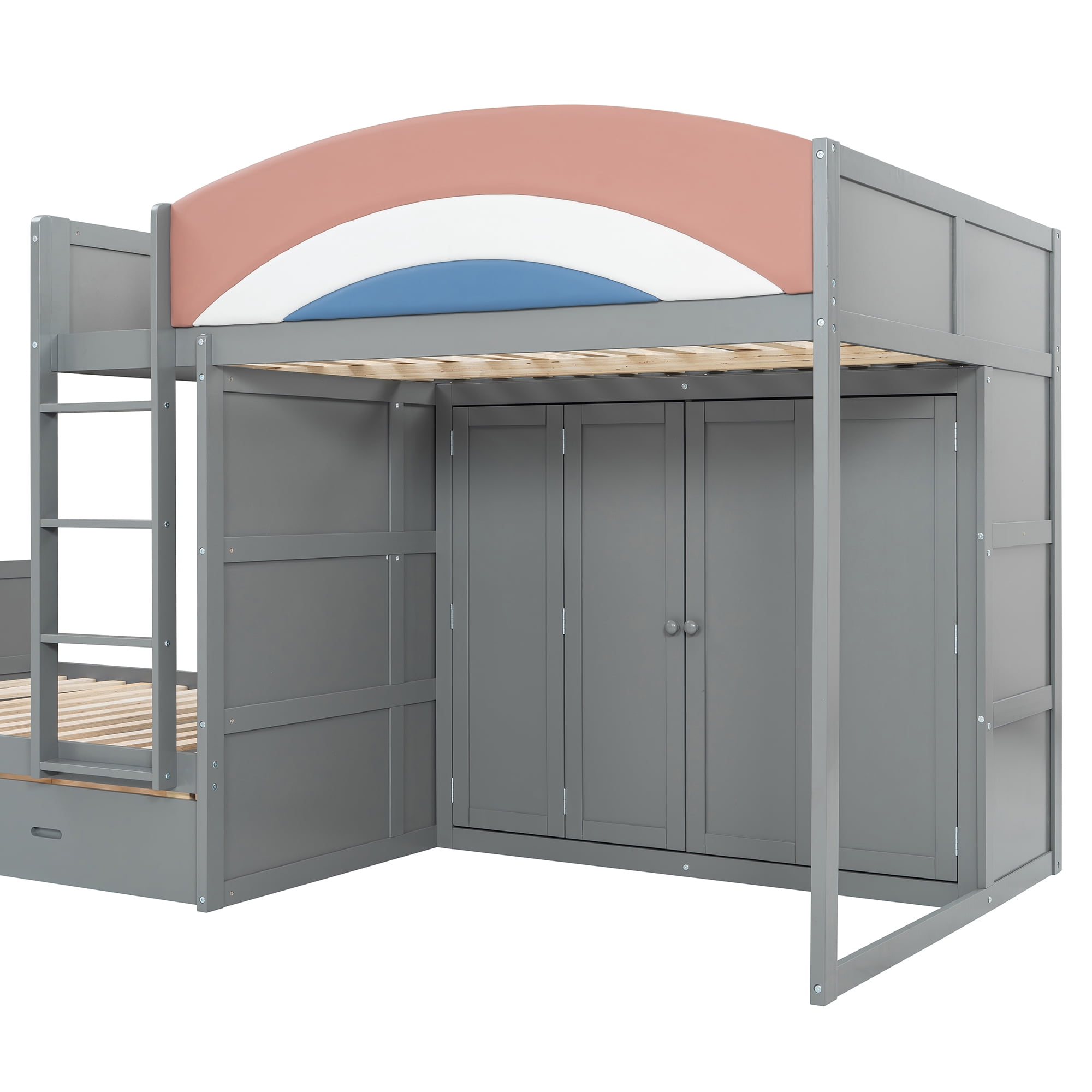 Mintazer Full Over Full Bunk Bed with Wardrobe & 2 Drawers, Platform Bed with Rainbow Guardrail for Kids Bedroom, Gray