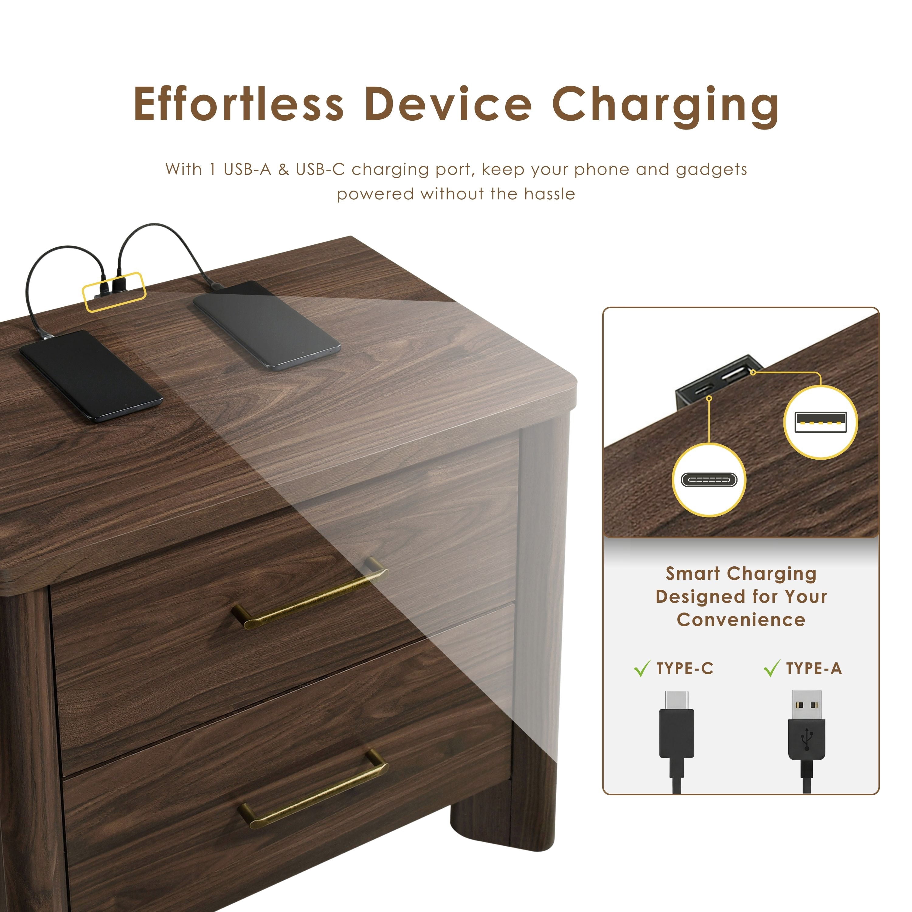 Furniture of America Gracie Modern Wood 2-Drawer Kids Nightstand with USB Ports, Walnut