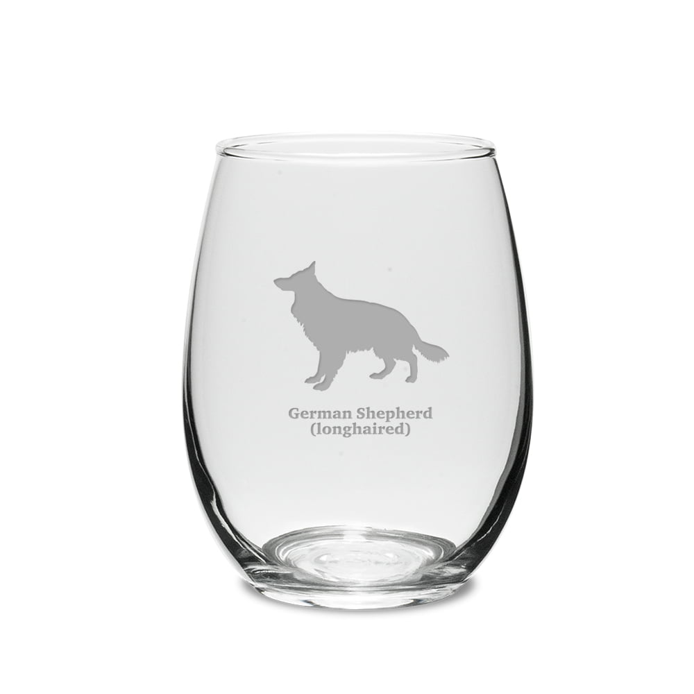 German Shepherd Guard Dog Silhouette Etched Stemless Wine Glass 