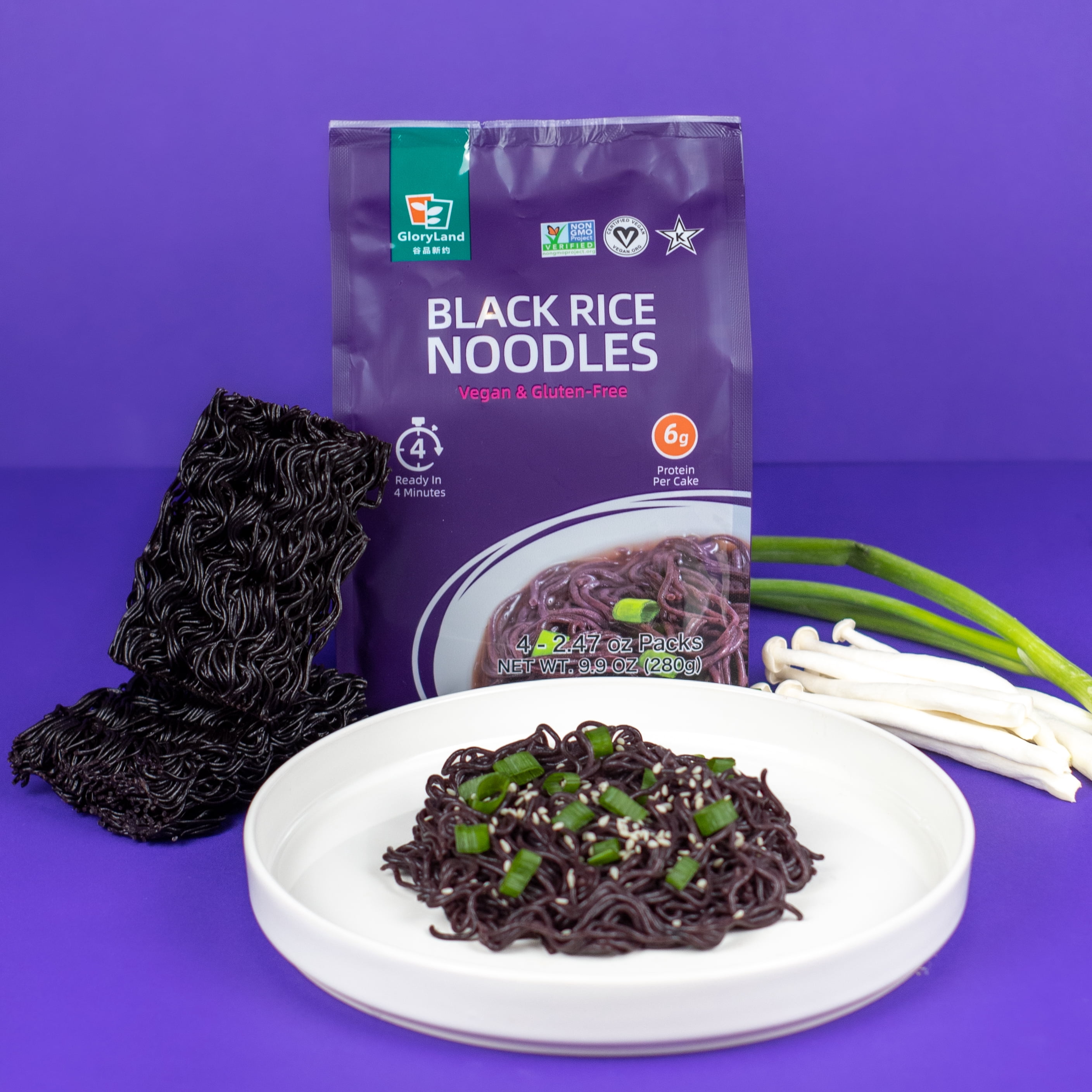 GloryLand Black Rice Noodles (6 Bags) Gluten Free & Only Two Ingredients, No Additives