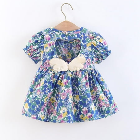 

nsendm Toddler Girls Short Sleeve Beach Dresses Floral Prints Princess Dress Dress for Baby Girl Dress Blue 2-3 Years