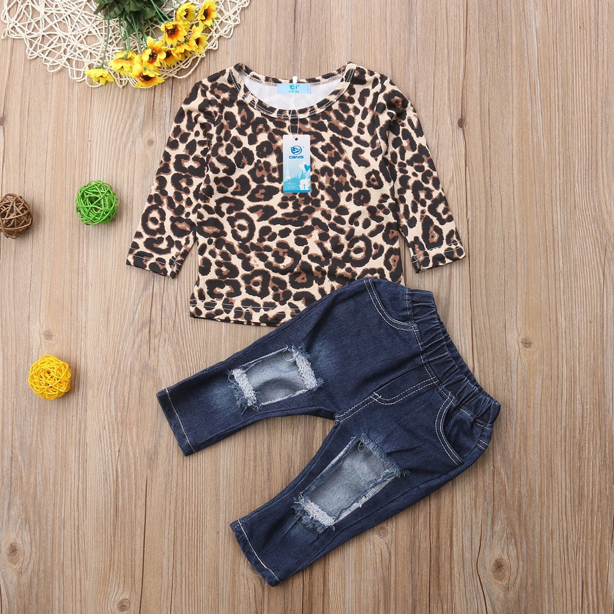 Kionio Baby Girl Clothes Ruffle Leopard Long Sleeve Skirt Jeans Denim Ripped Toddler Girl Clothes Set Outfits