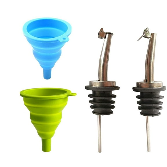 Stainless Steel Flip Top Olive Oil Spout Liquor Pourers, Kitchen Bottle Pour Tapered Dispenser, Flexible Foldable Collapsible Silicone Funnel for Wine Vinegar Liquid (4 Pack)