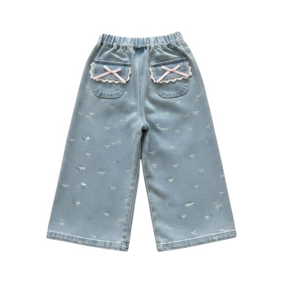 Generic Bow Print Jeans Toddler Girls Multipocket Denim Trousers Straight Leg Jeans/Preppy Cute Baggy Elastic Waist Pants