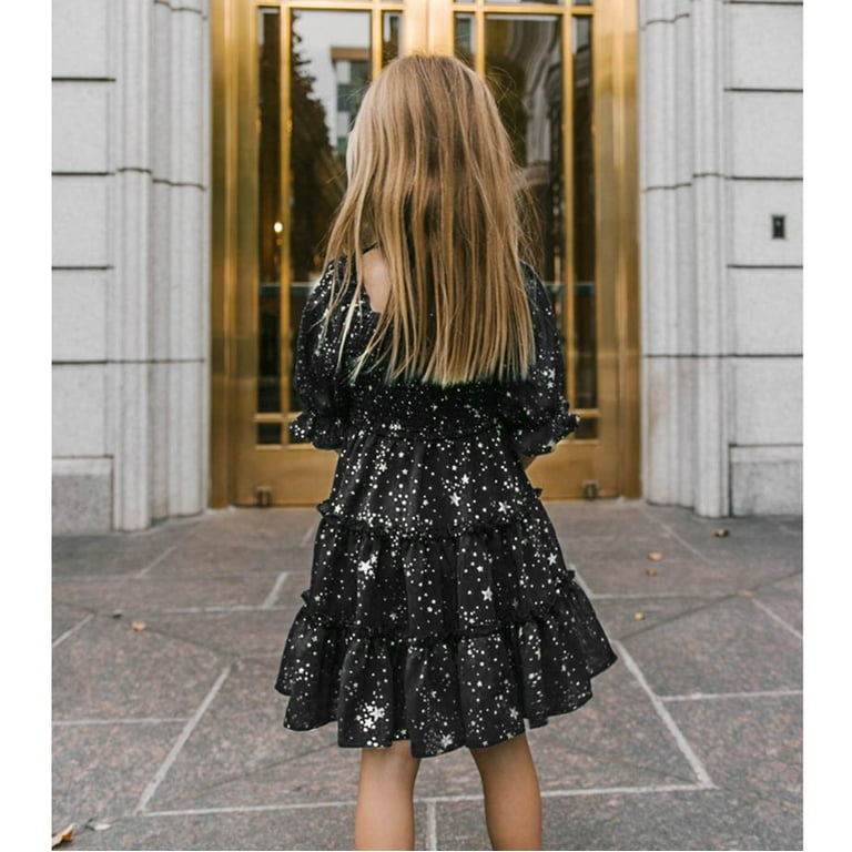 cute casual dress outfits ZHUASHUM Cute Girl Dress Little Summer Solid Color Puff Sleeve Floral Backless Princess Dress Ruffle Casual Dresses Outfits Clothes Black,9-10 Years