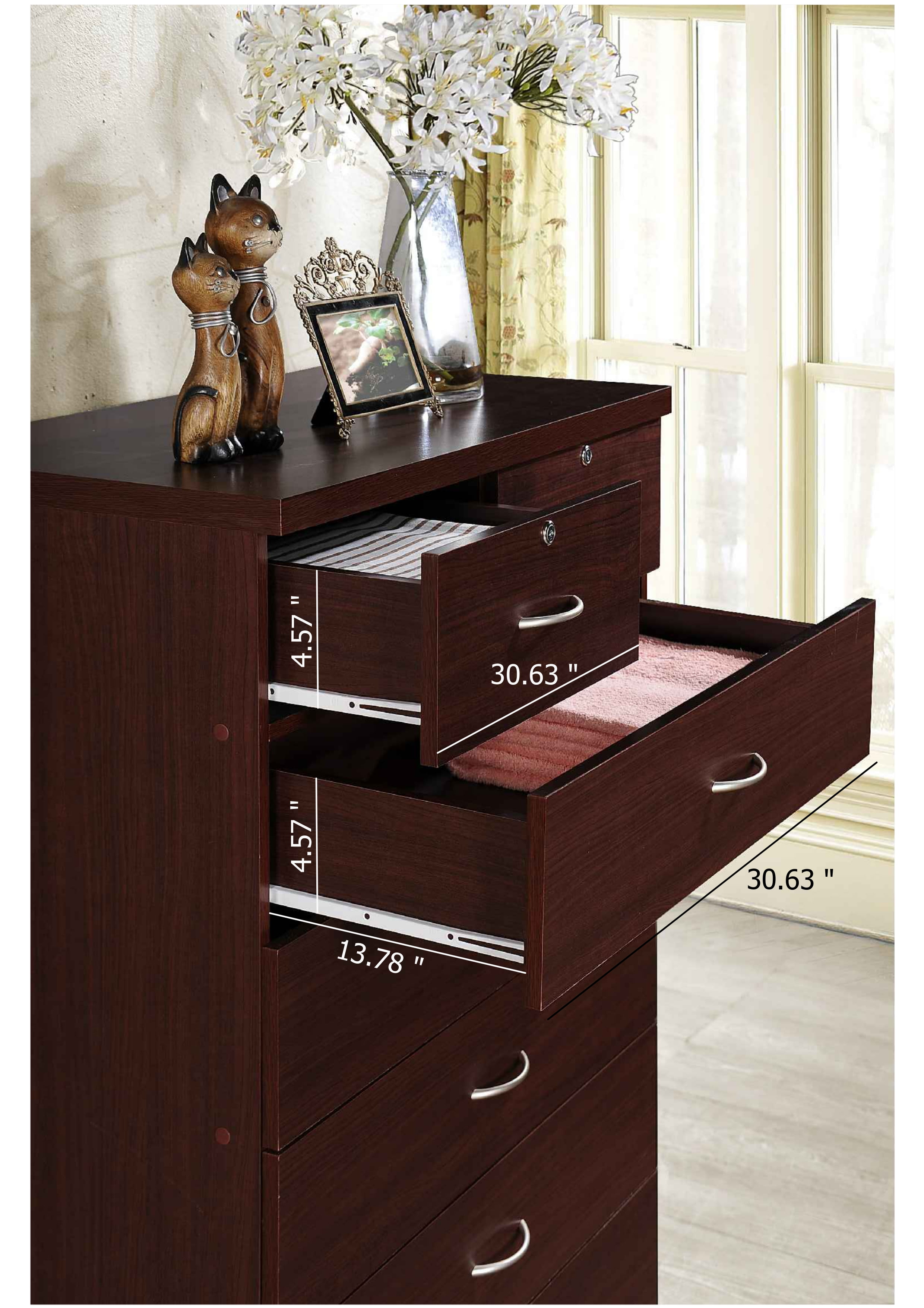 Hodedah 7 Drawer Dresser with Two Locks, Mahogany