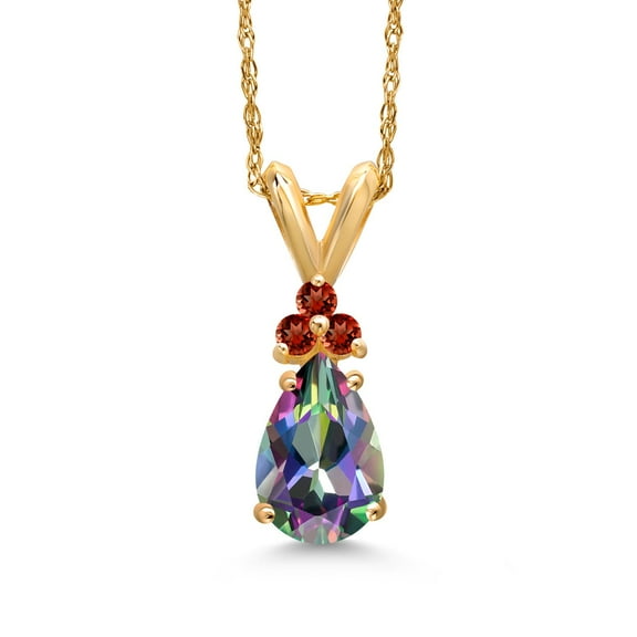 Gem Stone King 14K Yellow Gold Green Mystic Topaz and Red Garnet Pendant Necklace for Women | 1.11 Cttw | Gemstone November Birthstone | Pear Shape 8X5MM | With 18 inch Chain