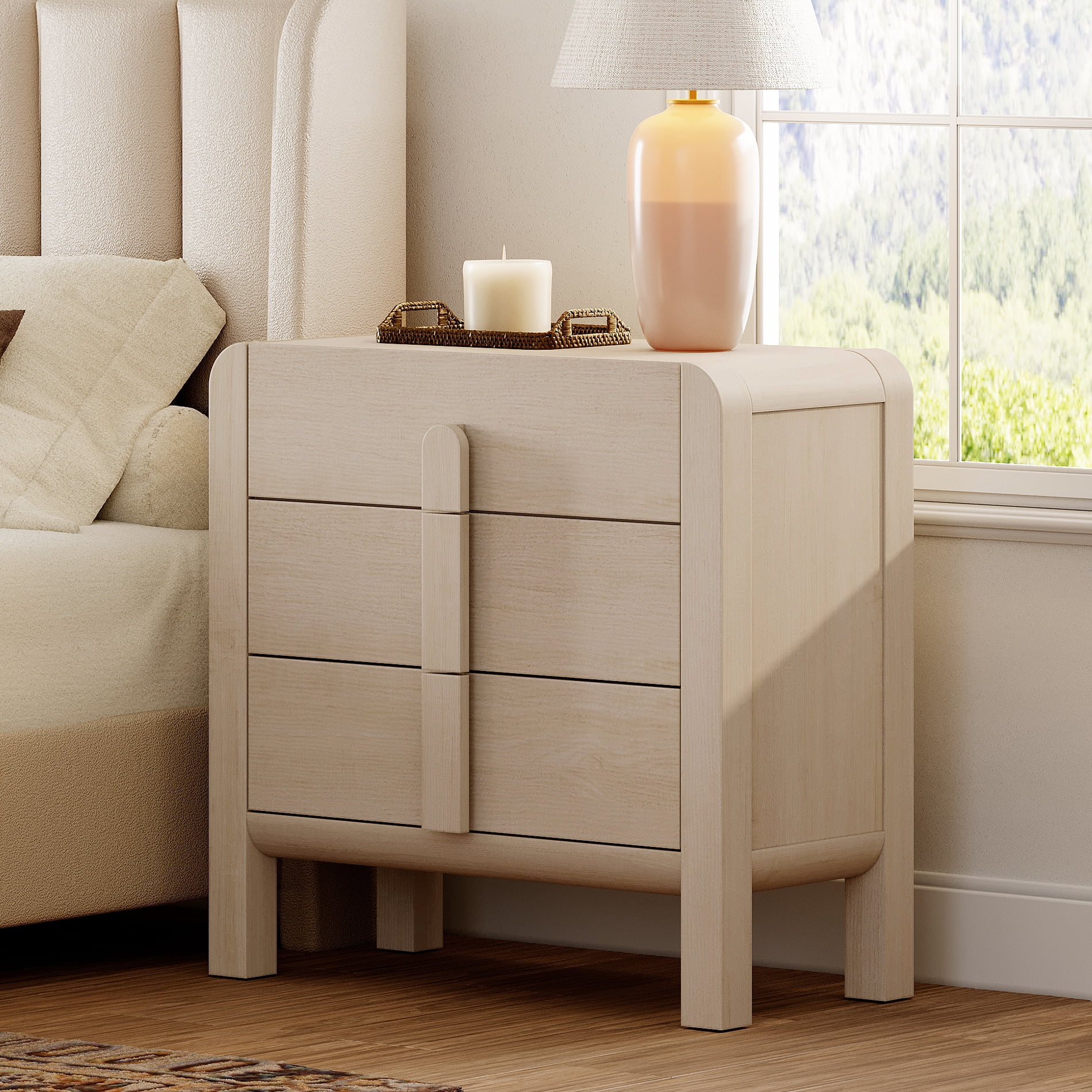 Mid-Century Modern Wood Nightstand with 3 Drawers ,31.5" Large End Table,Curved Bedside Table Storage Cabinet for Bedroom, Living Room,Entryway