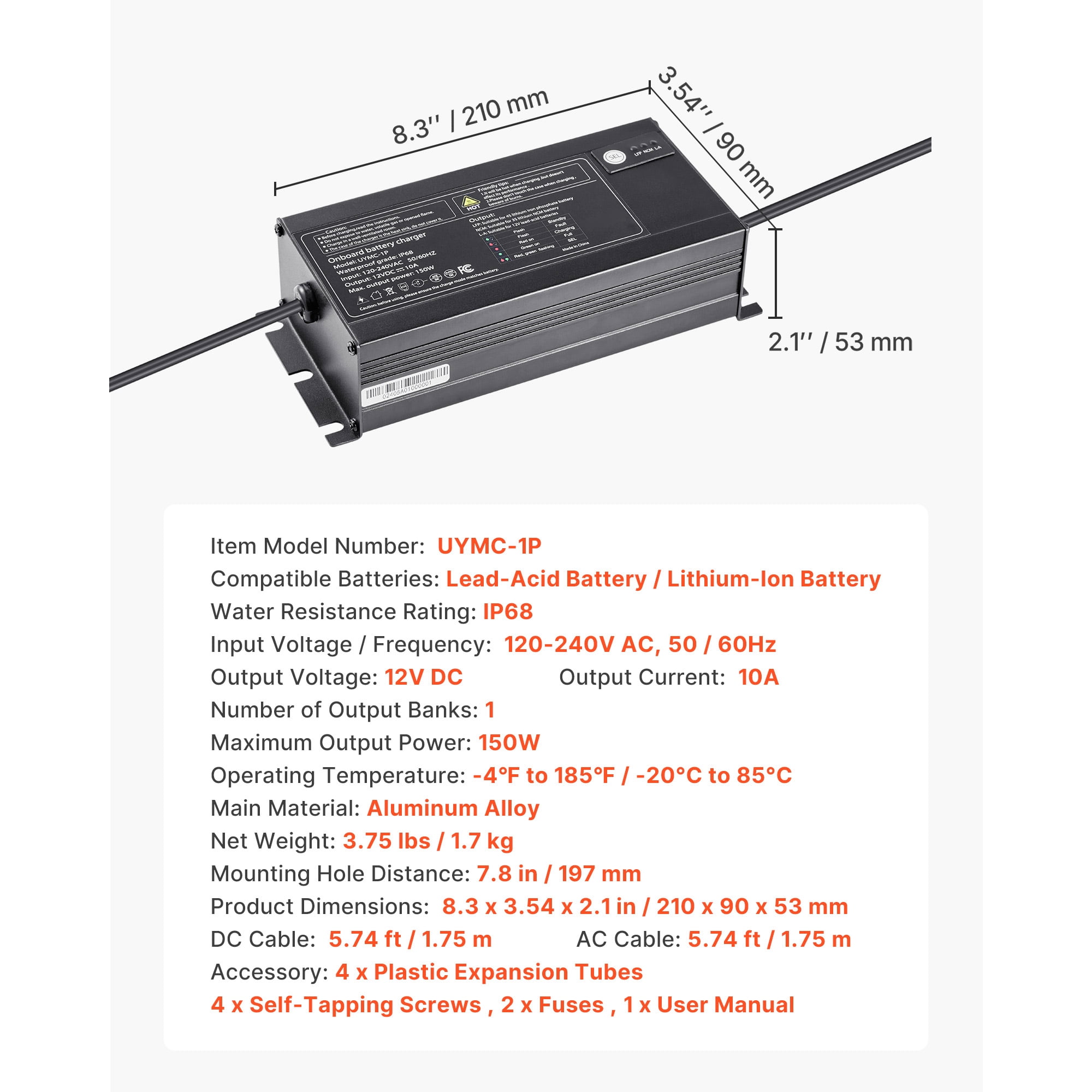 KFFKFF 1-Bank 10A 12V Onboard Marine Battery Charger, IP68 Waterproof Smart Charger for Lithium-Ion (LiFePO4), NCM, and Lead-Acid Batteries, Suitable for Boats, Yachts, RVs, and Trailers