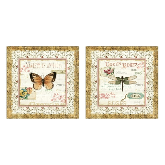French Country Butterfly, Dragonfly and Floral Print Set; 2-12x12" Unframed Paper Posters