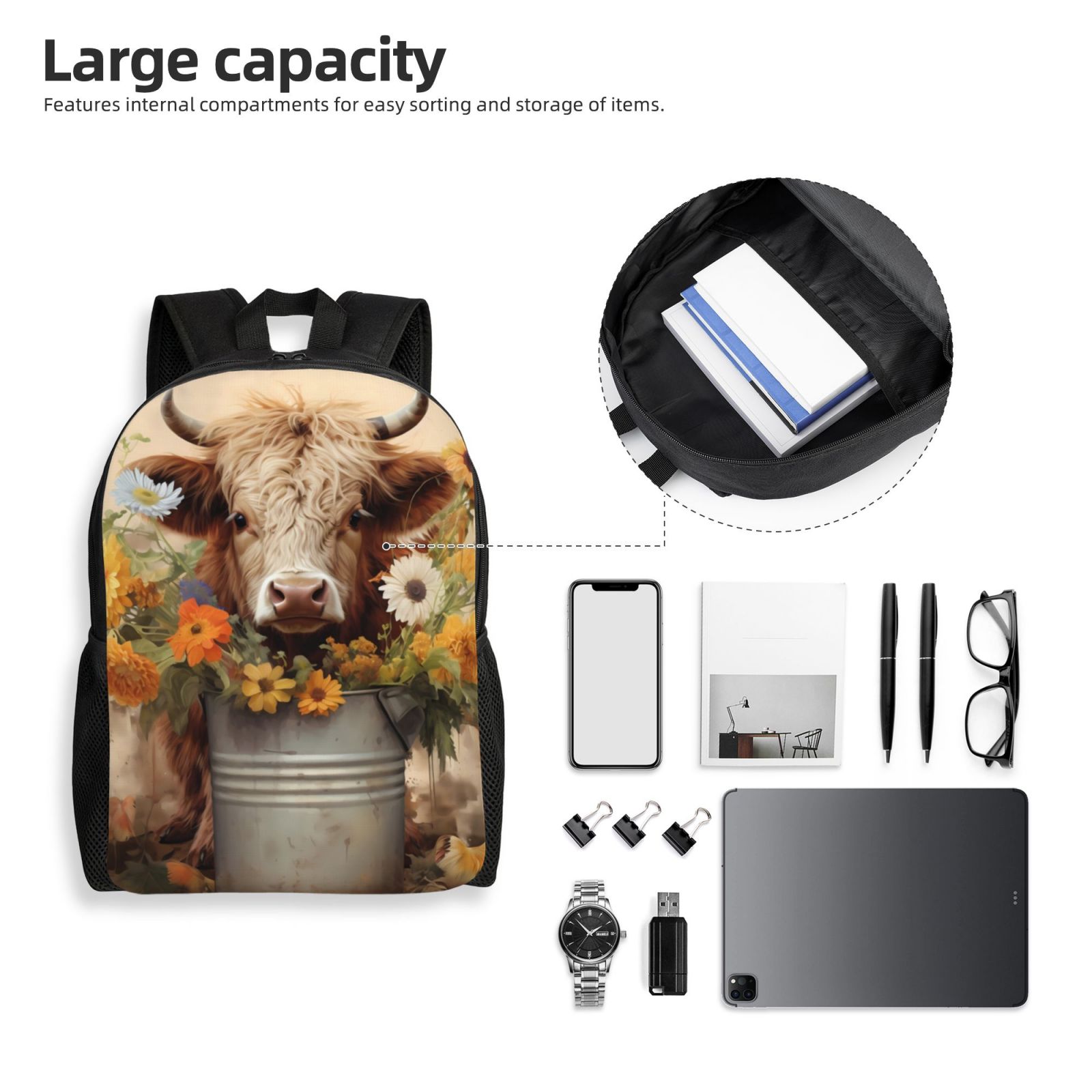 Xecao Bucket Flower Cow Print School Backpack with Laptop Compartment Small Travel Laptop Backpack for Women Men Waterproof College Backpack Simple School Bag