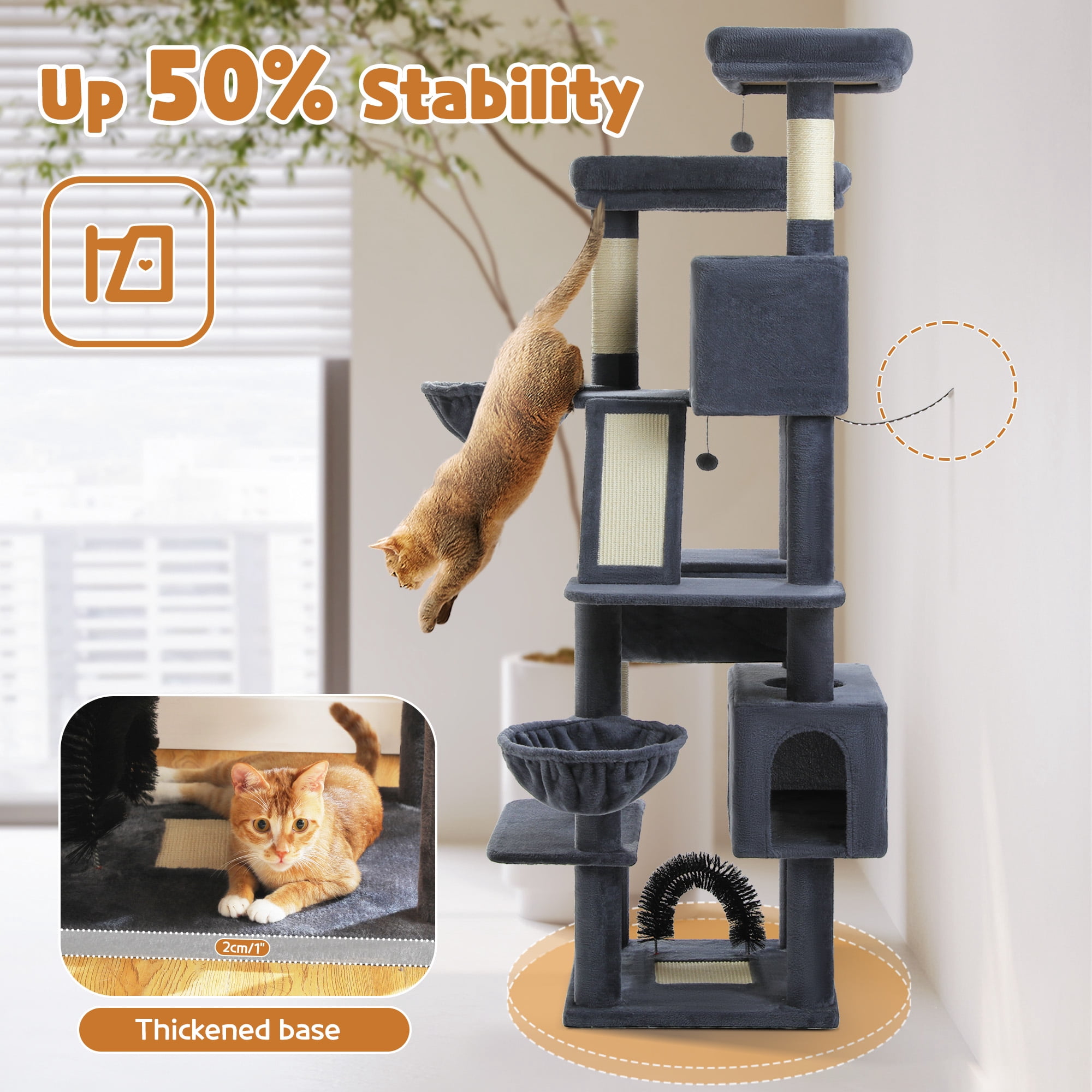 PAWZ Road 77" Cat Tree Multilevel Play Tower Enlarged Condo Hammock Sisal Scratching Posts Pads, Dark Gray