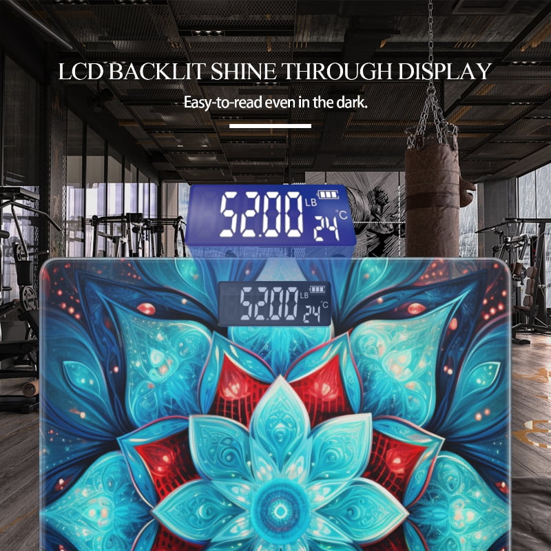 High Precision Body Weight Scale Smart Bathroom Scales with Large LCD Display(400lbs),Decorative for Bedroom-Abstract Mandala Flower In Blue And Red Colors