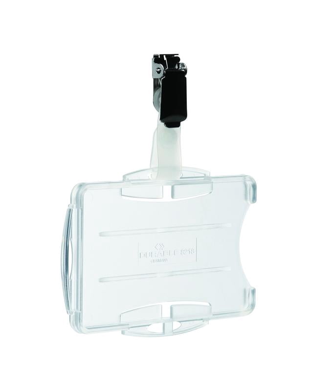 DURABLE Open Face style ID Badge Holders for Two Badges with Strap Clip, Horizontal Or Vertical Orientation, 2-3/4" x 3-5/8", Clear, Pack of 25 (821819)