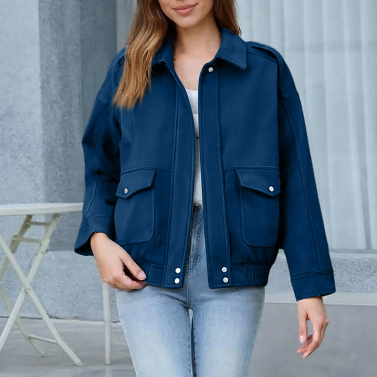 Bomber Jacket Women Wool Blend Cropped Lapel Long Sleeve Zipper