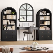 Hiphuta 70Tall Arched Bookcase, 4-Tier Bookshelves with 2 Large Drawers, Wooden Display Shelf with Storage for Living Room Home Office, Black