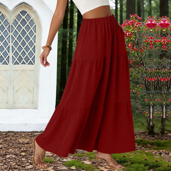 BRGZLK Women's Flowy Skirt Summer Solid Color Renaissance Lightweight Casual Boho High Waist Comfortable A-Line Maxi Skirt with Pockets Red S