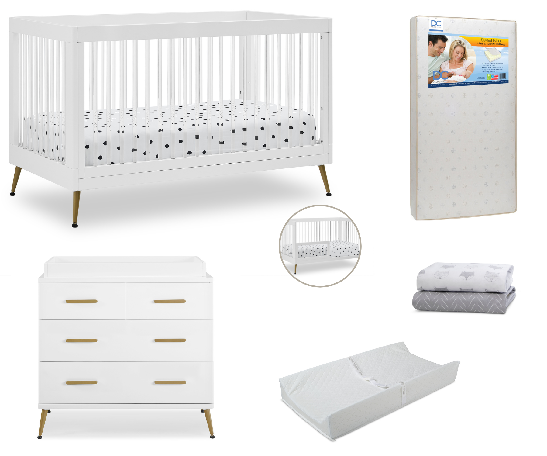 Delta Children Sloane Crib 7-Piece Baby Nursery Furniture Set–Includes: Convertible Crib, Dresser, Changing Top, Crib Mattress, Fitted Sheets, Toddler Guardrail & Changing Pad, White w/Melted Bronze - image 1 of 5