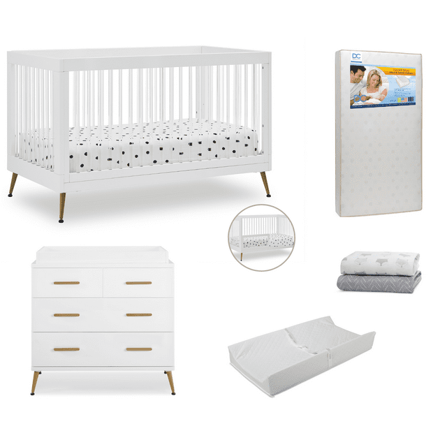 Delta Children Sloane Crib 7-Piece Baby Nursery Furniture Set–Includes: Convertible Crib, Dresser, Changing Top, Crib Mattress, Fitted Sheets, Toddler Guardrail & Changing Pad, White w/Melted Bronze