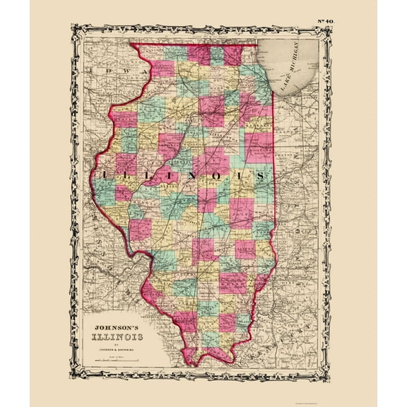 Historic State Map - Illinois - Johnson 1860 - 23 x 26.92 - Vintage Wall Art