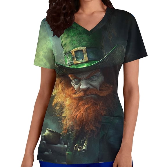 YUANxueke St Patricks Day Scrub Tops for Women V Neck Holiday Shirts Cute Funny Short Sleeve Casual Nursing Uniform with Pockets