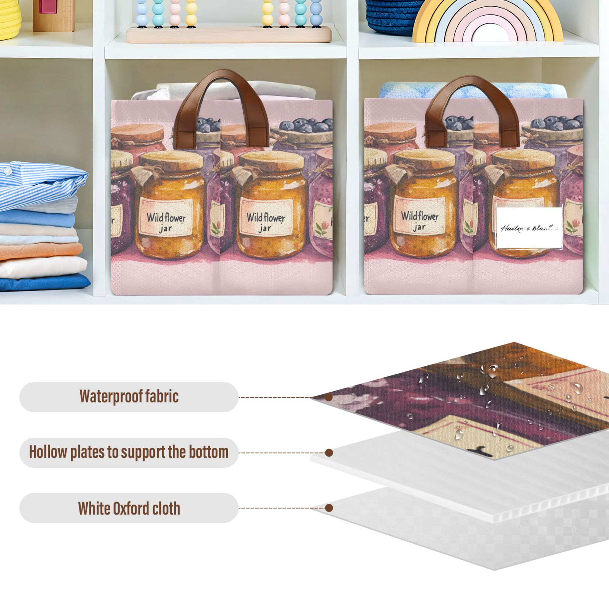Yayeee Foldable Storage Basket for Shelves with Handles Set of 2 Waterproof Cloth Bins, Watercolor Jam