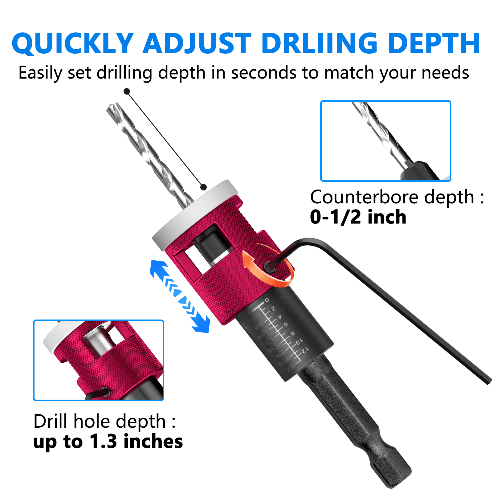 5Pcs Countersink Drill Bit Set with Adjustable Depth Stop, 1/4" Hex Shank Quick Change Drilling Tool Kit, 82° Woodworking Chamfer Bits for Wood, Plywood, MDF, Plastic
