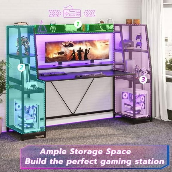 SEDETA Gaming Desk 78.8'' with LED Lights, Hutch and Storage Shelves, Computer Desk with Monitor Stand, Large PC Gamer Desk Workstation, Ergonomic Gaming Table for Bedroom, Living