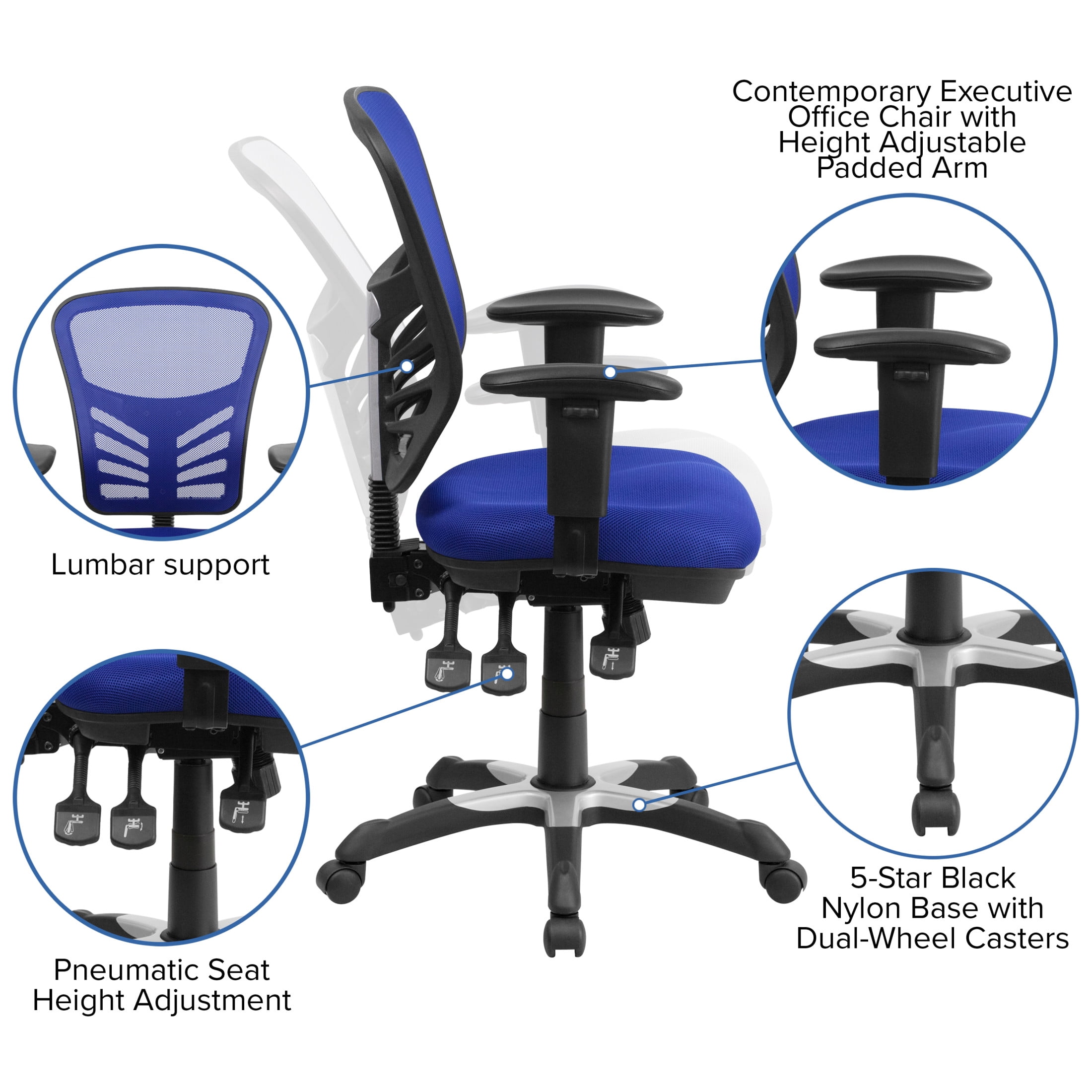 Emma + Oliver Mid-Back Blue Mesh Multifunction Ergonomic Office Chair with Adjustable Arms