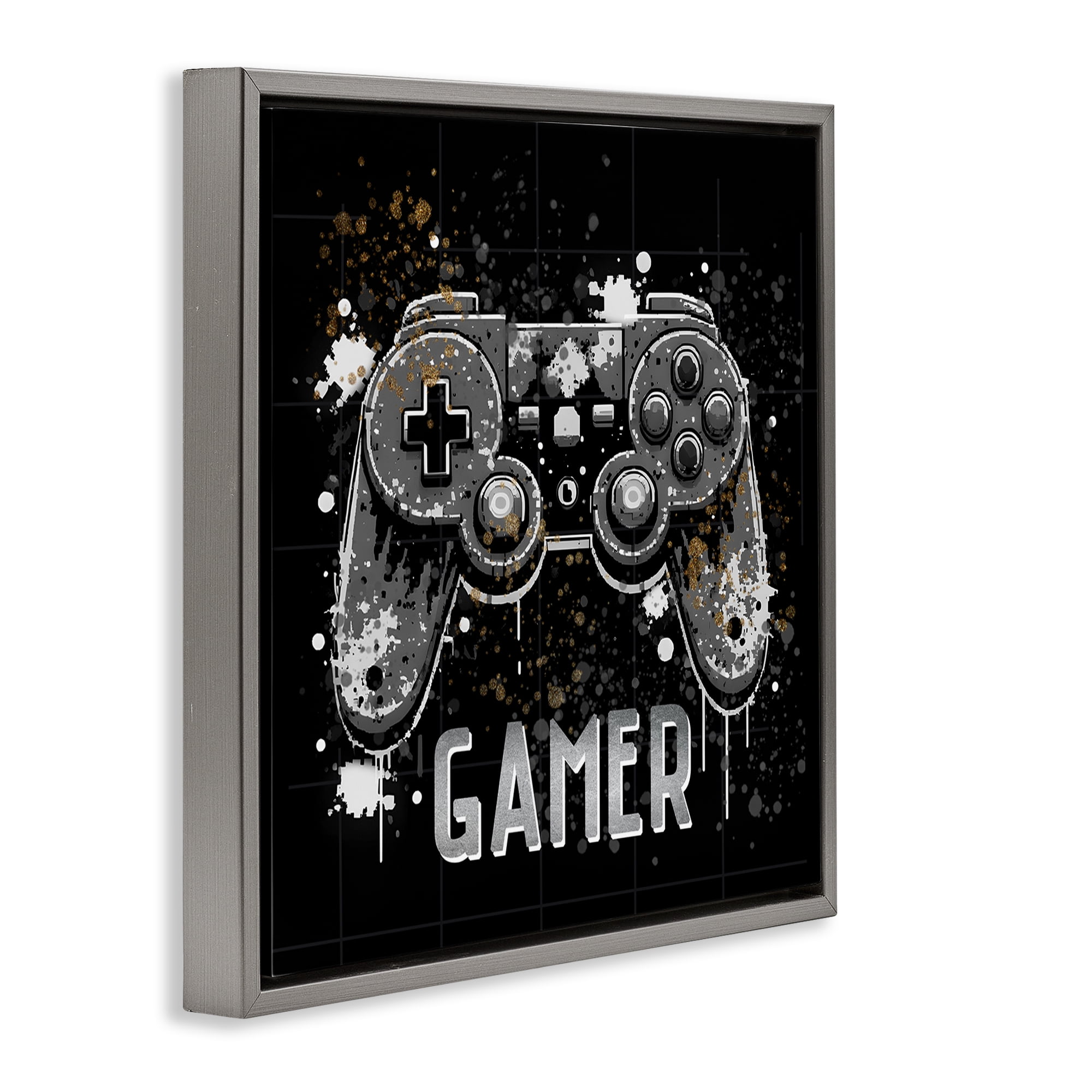 Stupell Industries Pixel Style Gamer Entertainment Painting Gray Floater Framed Canvas Art Print Wall Art, 18 x 18