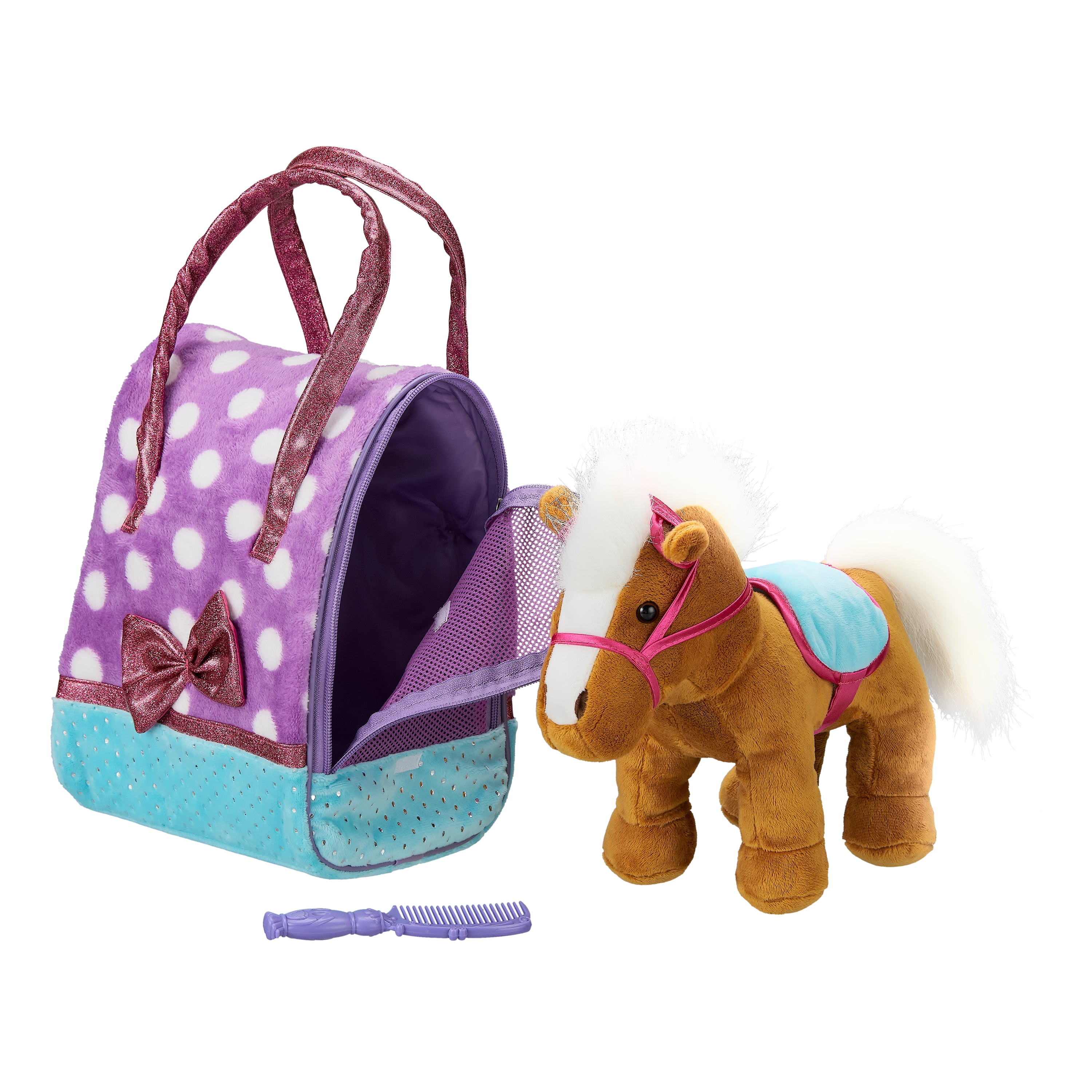 Plush Brown Horse with Travel Carrier and Comb Stuffed Animal Toy Set