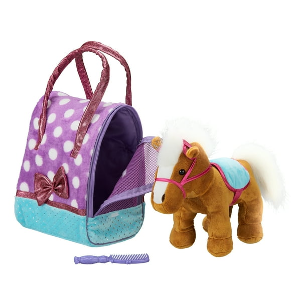 Plush Brown Horse with Travel Carrier and Comb Stuffed Animal Toy Set