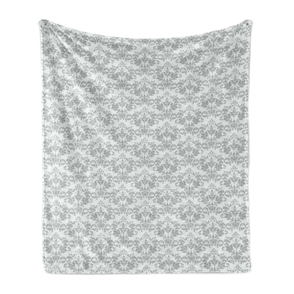 Abstract Soft Flannel Fleece Throw Blanket, Rhythmic Pattern of Chandelier Like Damask Motifs on Plain Backdrop, Cozy Plush for Indoor and Outdoor Use, 50" x 60", White Pale Sage Green, by Ambesonne