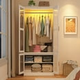 thumbnail image 5 of 2 Glass Doors Armoire Wardrobe Closet with 2 Storage Cabinets & LED Sensor Light, 71" H Wooden Clothes Closet Wardrobe with Hanging Rod for Bedroom, 5 of 7