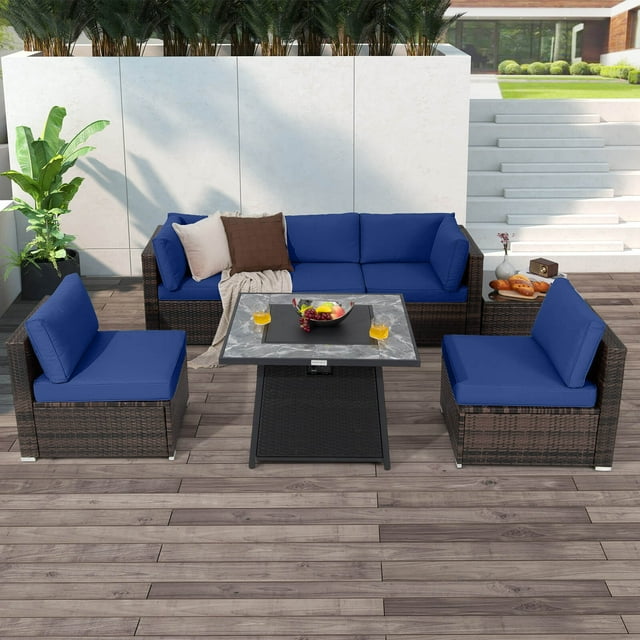 Costway Ensemble de Mobilier de Patio 7 Pcs avec Table de Foyer au Gaz Propane de 35 Pouces et Housse Imperméable Bleu Marine