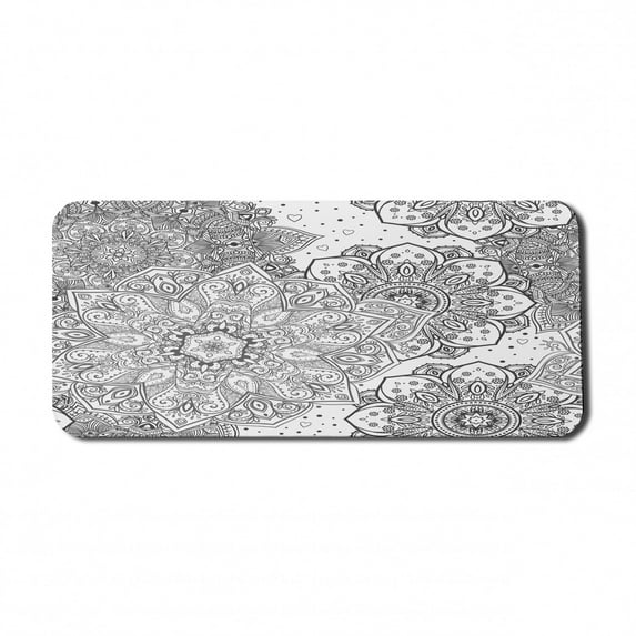 Mandala Computer Mouse Pad, Eastern Lace Floral Illustration with Moroccan Effects and Folkloric Feels, Rectangle Non-Slip Rubber Mousepad X-Large, 35" x 15" Gaming Size, White and Grey, by Ambesonne