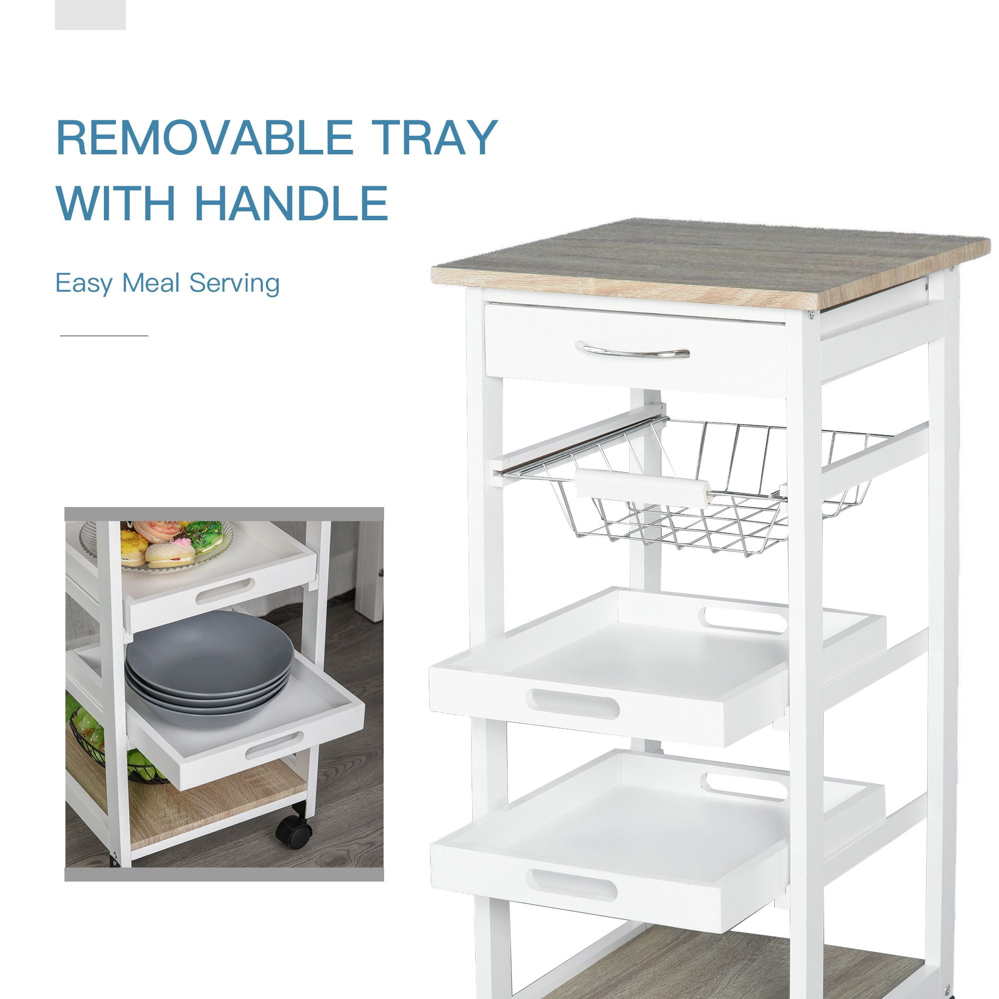Rolling Kitchen Storage Cart with Drawer Pull Out Wire Basket & Serving Trays, Mobile Kitchen Island on Wheels Solid Wood Frame Compact Utility Cart White with Oak Veneer Top