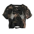 thumbnail image 3 of Halloween Cropped Tshirts Women 2025 Skeleton Graphic Short Sleeve Crewneck Distressed Halloween Shirts for Women, 3 of 5