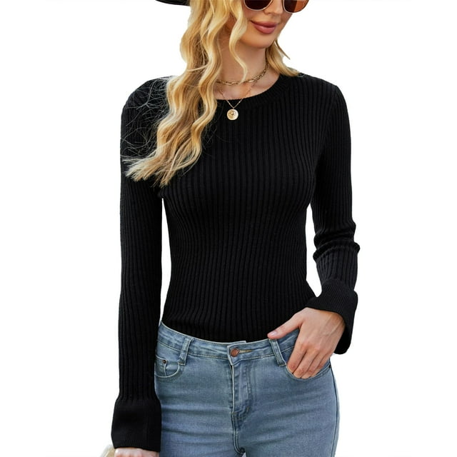 Suéter de mujer de manga larga Jersey de punto con cuello redondo Top de punto Color puro para otoño invierno negro S