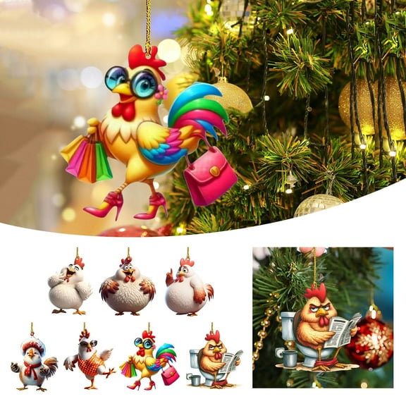 7 Pack Farmhouse Chicken Ornaments, Rooster Hen Hanging Decor, 3.1 inch, 2D Acrylic Flat Pendant, Rustic Country Animal Charm for Christmas Tree, Kitchen Wall Art Decoration, Multicolor, Acrylic