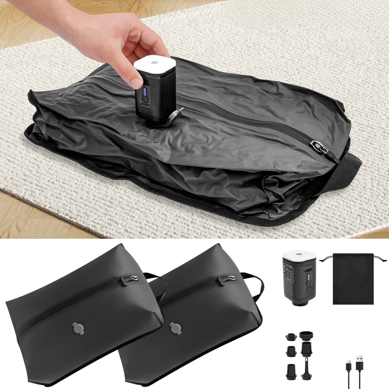Grusce 2 Pack Vacuum Seal Bag for Traveling with Rechargeable Pump, 17L Compression Packing Cube for Carry On Suitcase and Backpack, Reusable IP67 Waterproof Vacuum Storage Bag