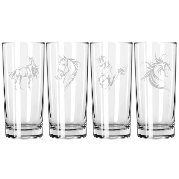 Set of 4 Highball 15 oz Tall Beverage Drinking Glass Tumbler Gift FANCY Horse Collection