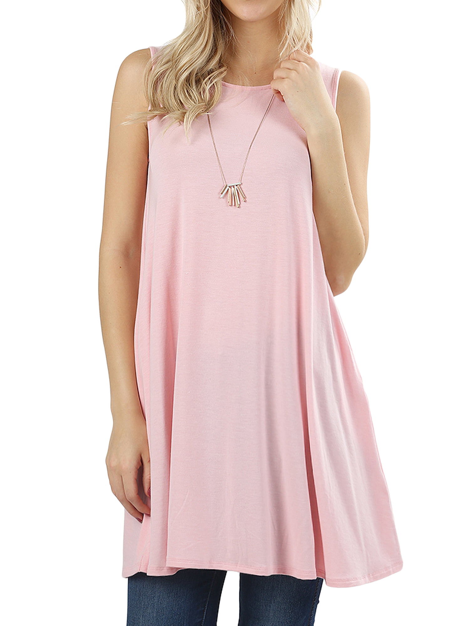 Women Round Neck Sleeveless Flowy Tunic Top with Side Pockets (Dusty ...