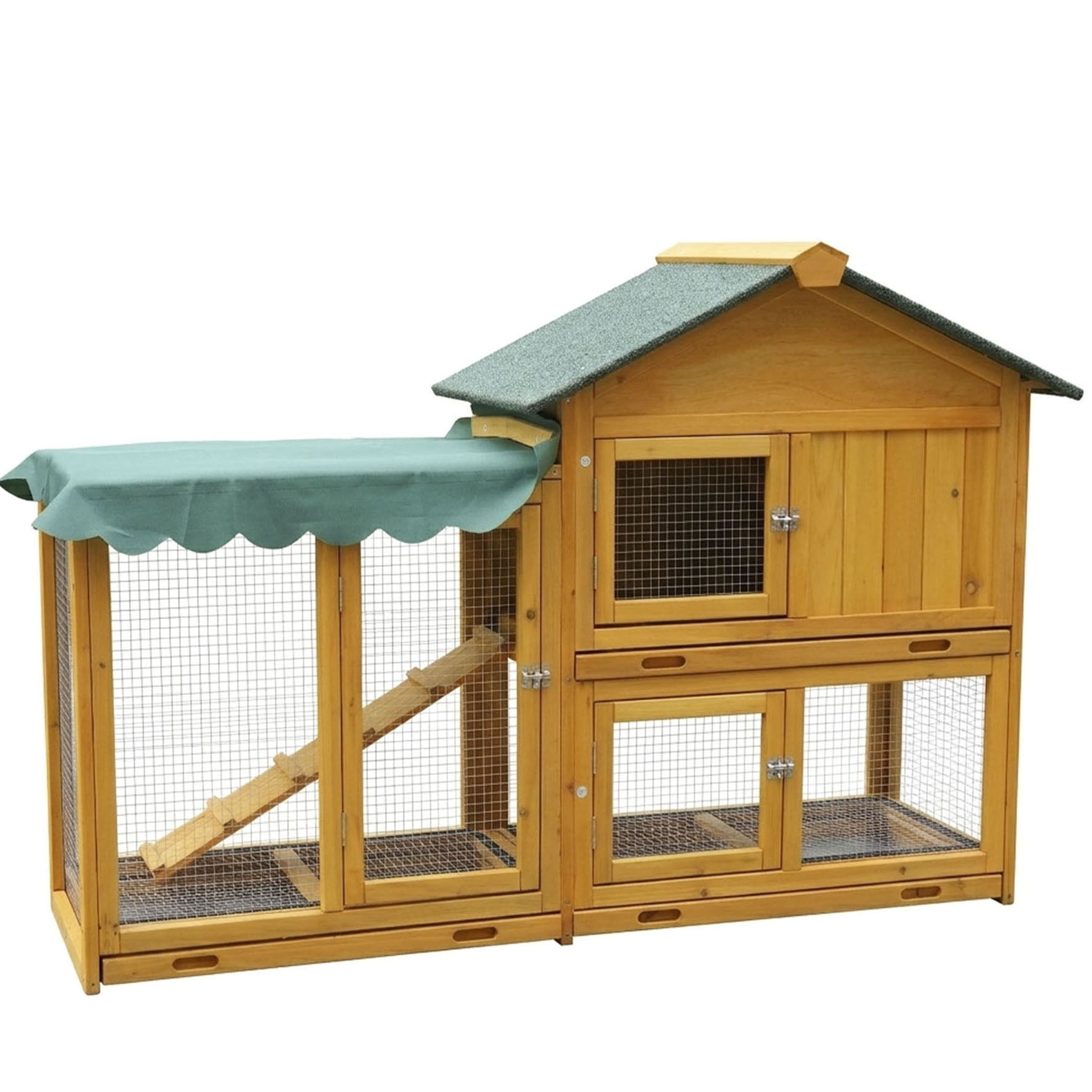S-HOME Extra Large 2-Tier Weatherproof Wooden Bunny Cage in Dark Yellow, 61 Inch Large Rabbit Hutch with Pull-Out Tray and Secure Design for Rabbits, Chickens and Hamsters