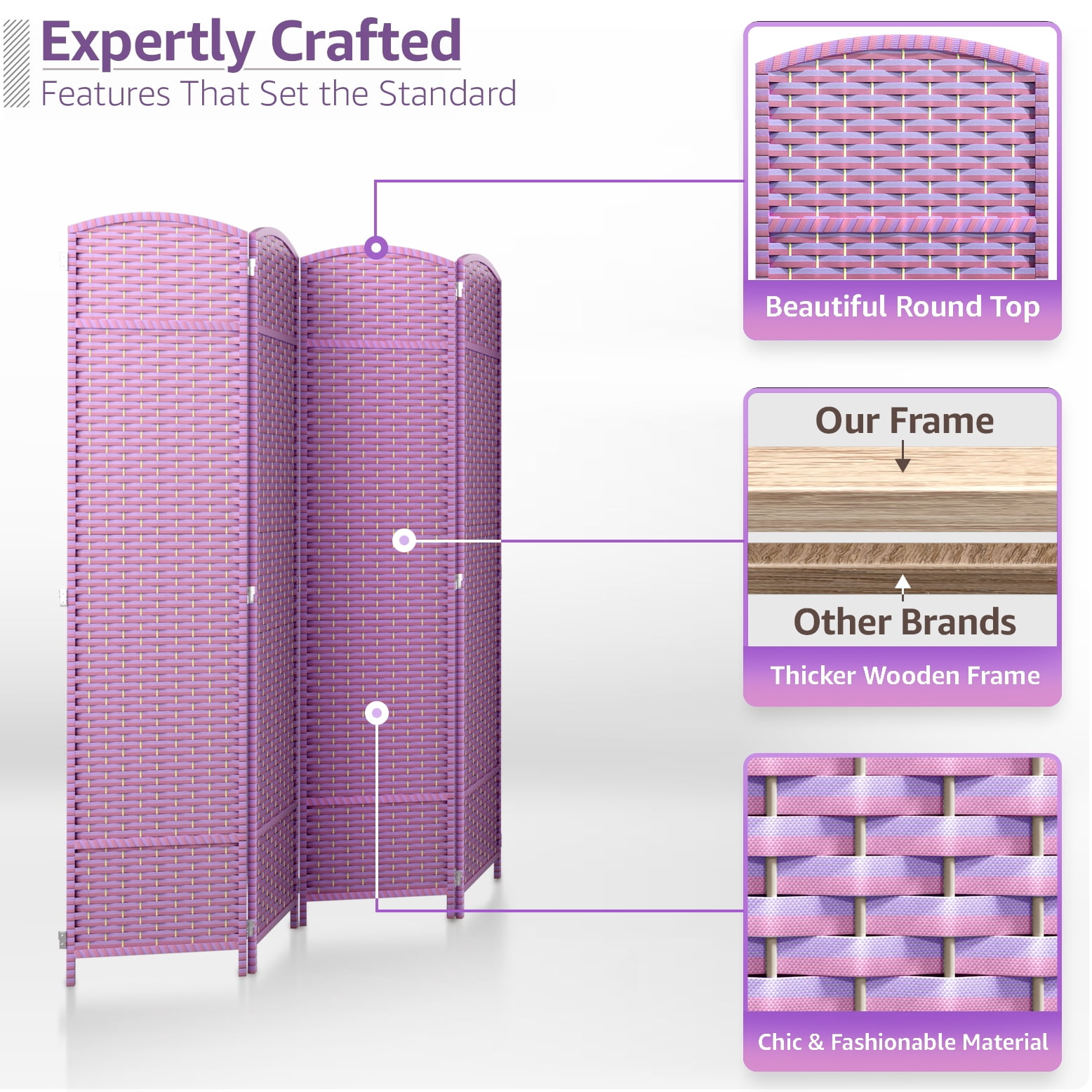 Sorbus 4-Panel Extra-Wide Folding Room Divider Privacy Screen, Hand-Woven Purple Mesh