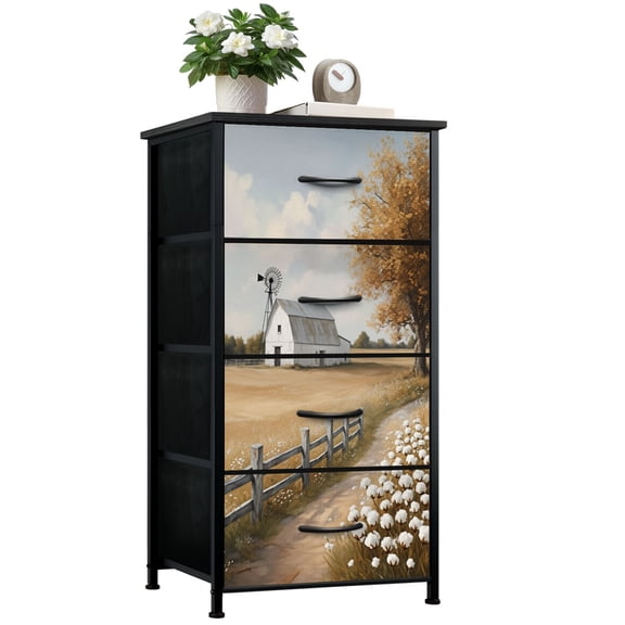 Dresser for Bedroom with 4 Storage Drawers Farmhouse Rustic Farm Nature Landscape Retro Flower Field Meadow Barn Dressers Chest of Drawers Steel Framed Fabric Closet Organizers for Entryway