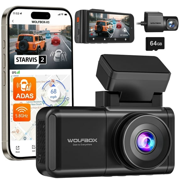 WOLFBOX 2.5K Dash Cam, STARVIS 2 Night Vision, 2.5K 1080P Front and Rear Car Camera with 64GB Card and GPS, Support Voice Control, Touch Screen and 5.8GHz WiFi