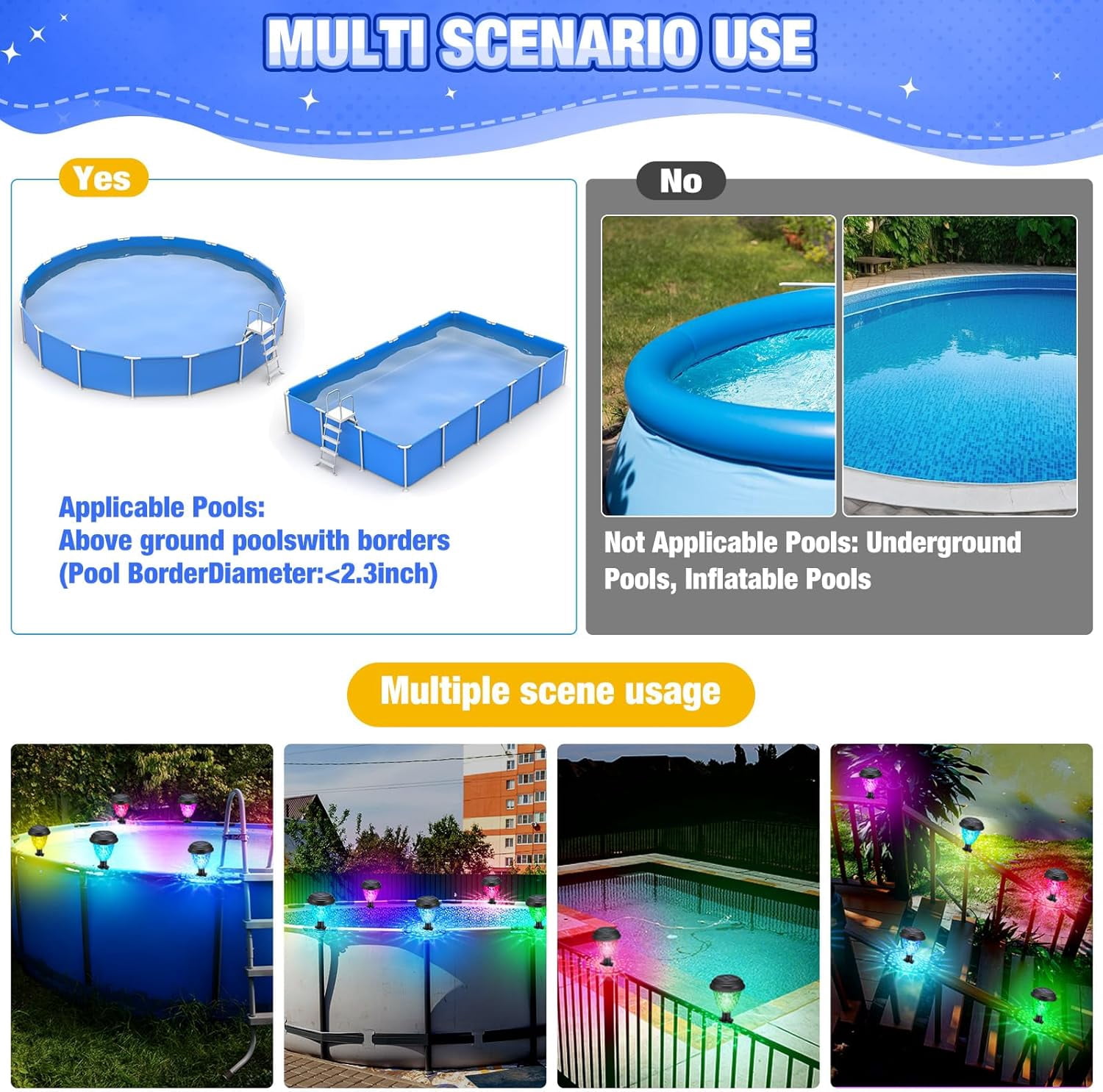 8 Solar Pool Lights for Above Ground Framed Pools, Waterproof Solar Light, Outdoor Pool Fence Decoration, Pool Accessories, Colorful Light