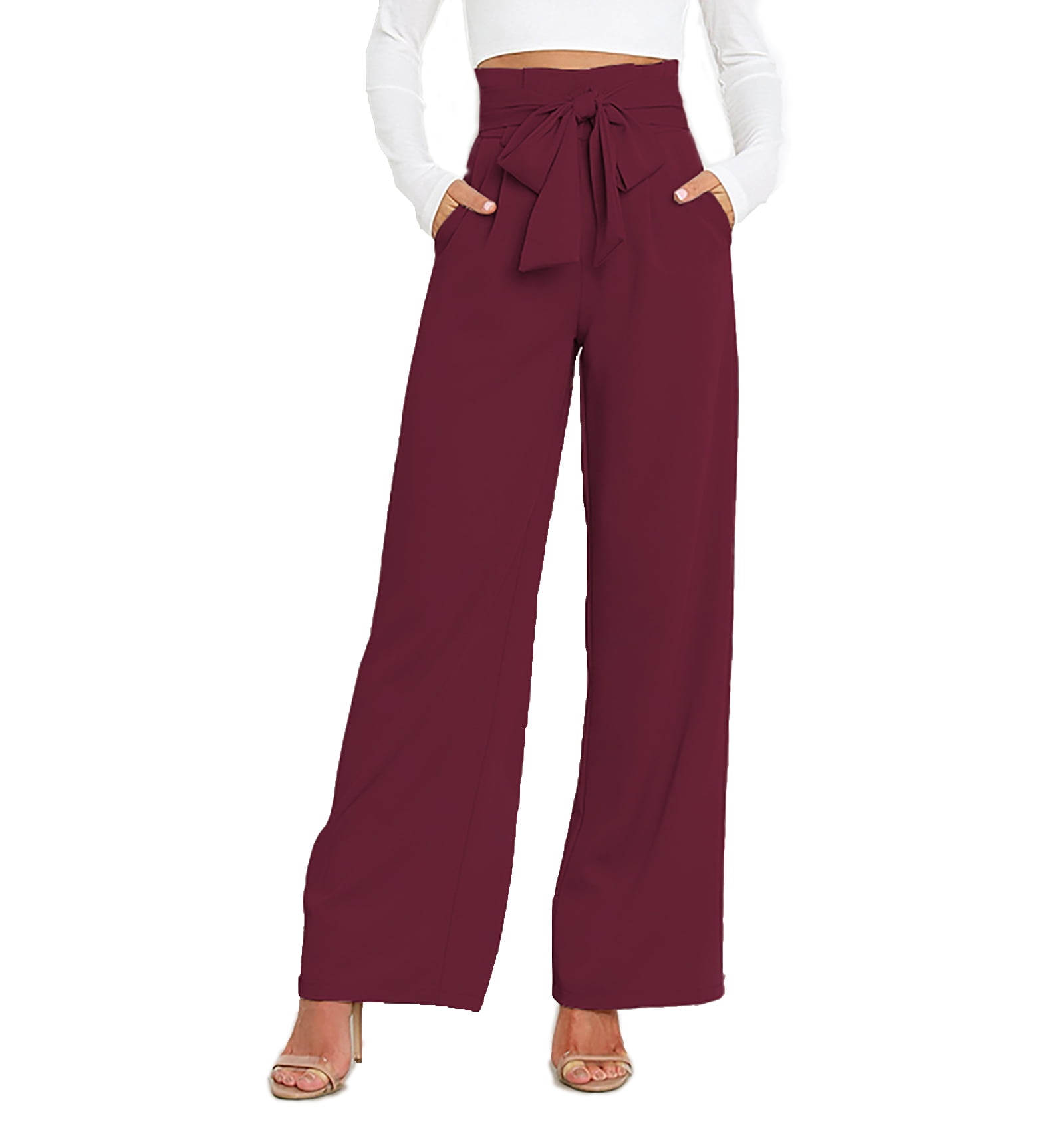 ChooTeeYeen Women's High Waist Pants Casual Pockets Belted Wide Leg ...