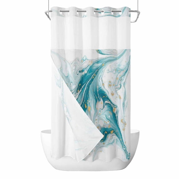 No Hook White Teal Marble Shower Curtain with Snap in Liner Set, Modern Abstract Art Marble Fluid Waterproof Fabric Bathroom Curtains with See Through Top Window, Hotel Style Stall 54 x 78 Inch